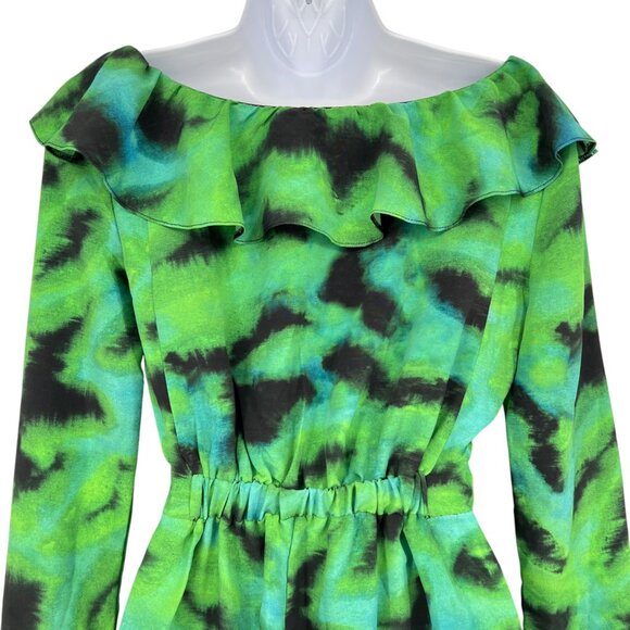 Topshop Ruffle A-Line V-Neck Watercolor Bell Sleeve Mini Dress Green Size 4 NWOT - Picture 5 of 9